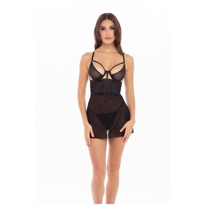 2PC BONDAGE STRAPPING CHEMISE SET BLACK, M/L - Rene Rofe Lingerie